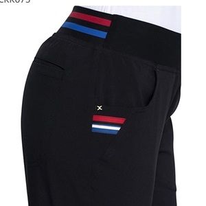 Cherokee By Katie Duke Black Women's SCRUB Pants with Red and Blue Stripes